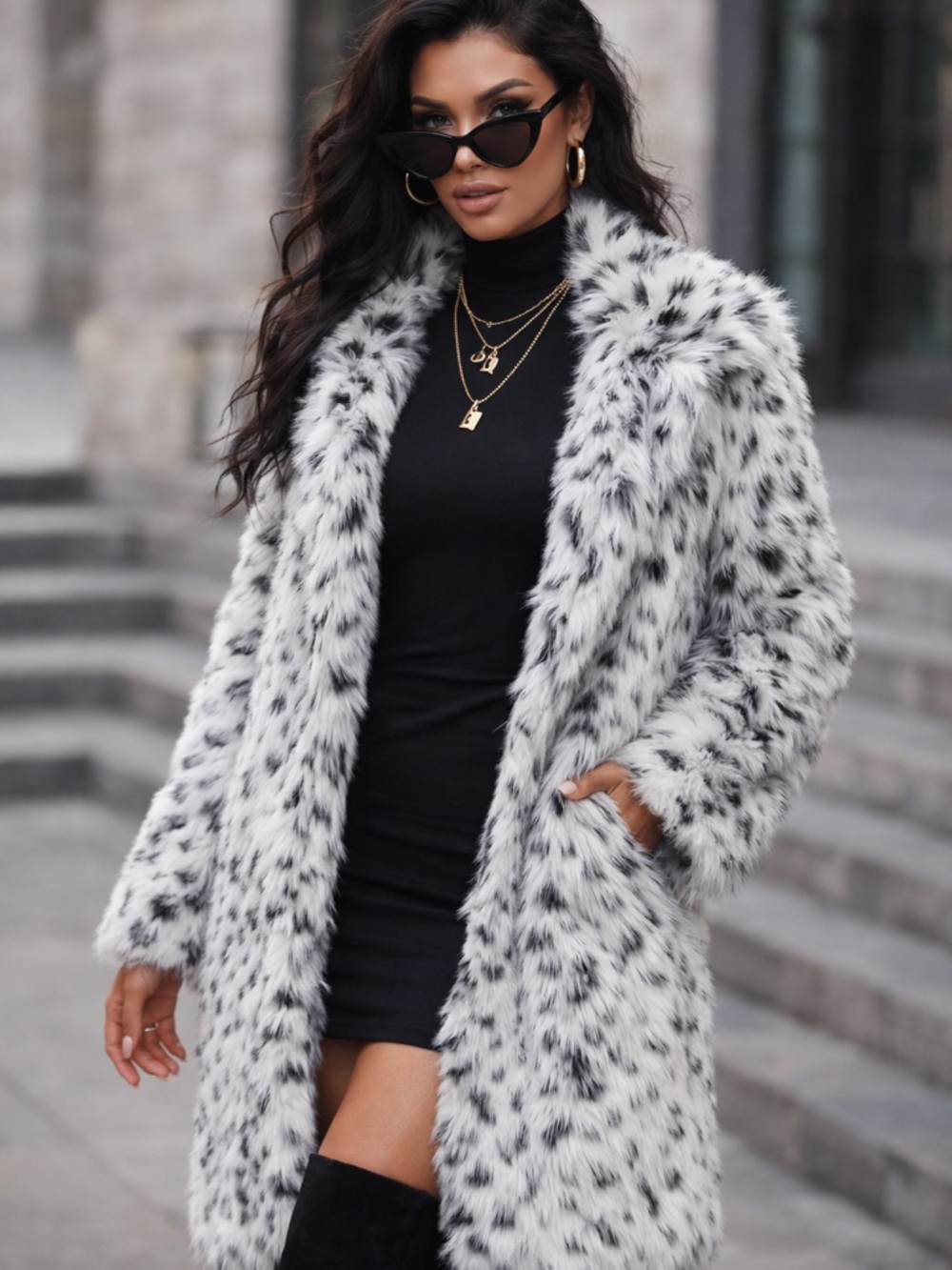 NWT Faux Fur Coat XL Black White Spotted Leopard Print Long Plush Jacket